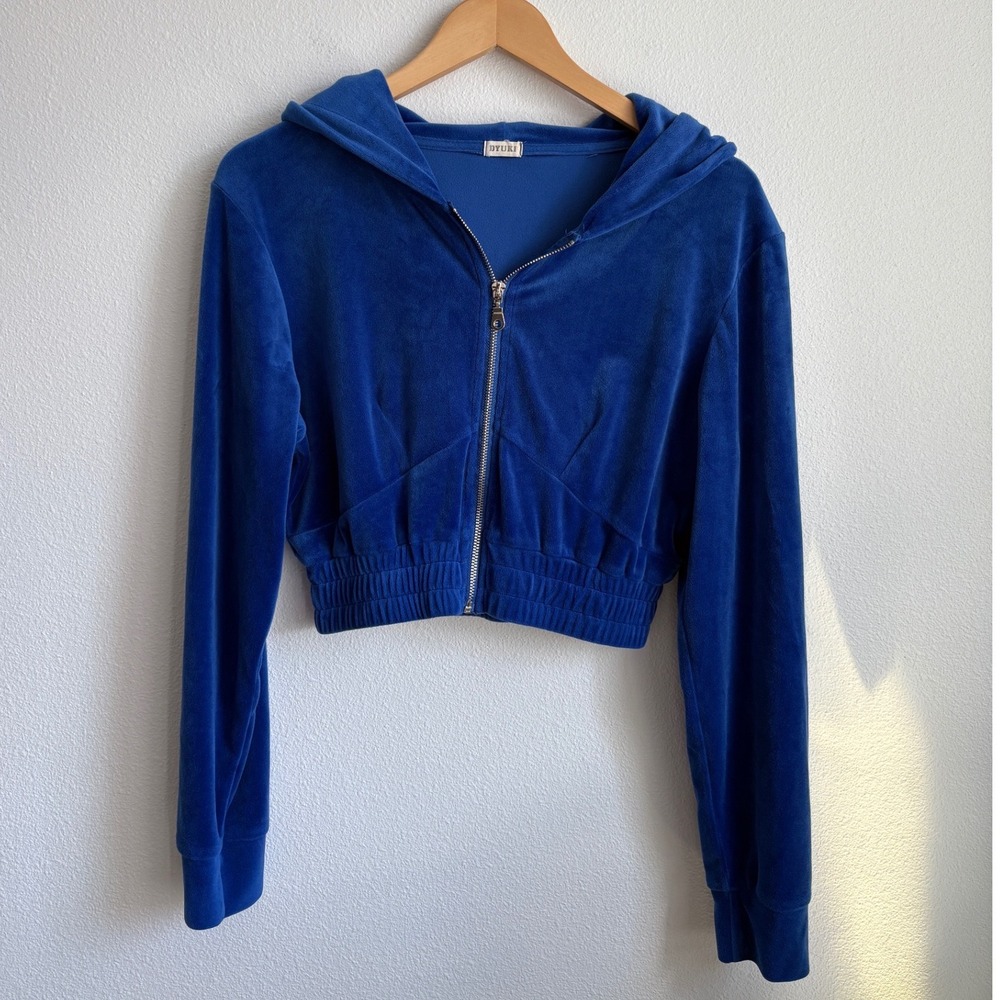 Dyuki Royal Blue Velour Cropped Zip Up Hoodie Smocked Waist Medium